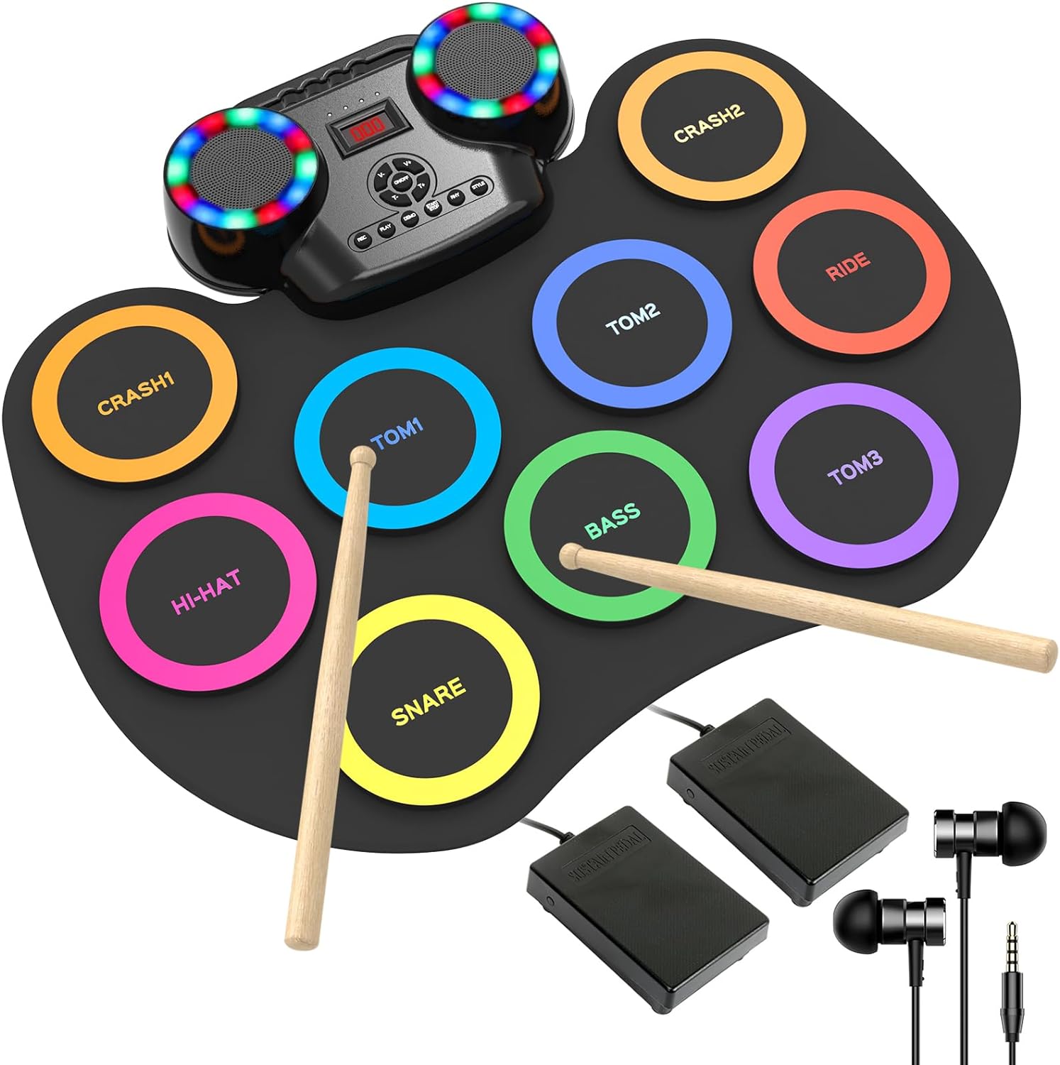 ROCKSOCKI Electronic Drum Set 9Pads with LED Lights, Bluetooth Portable Electronic Drum Kit, Roll-Up Practice Drum Pad, Built-in Dual Speakers, Headphone, Holiday Birthday Gift for Kids