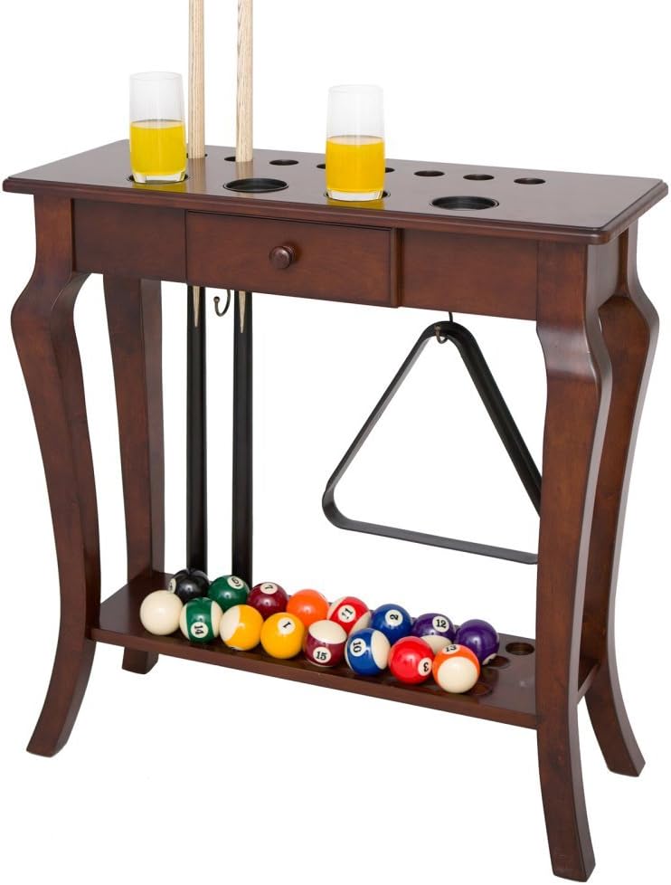 Hathaway Deluxe Floor Pool Cue Rack - Billiard Rack with Drawer, 4 Cup Holders, 8 Pool Stick Holder Slots & Organizer for Balls and Pool Cue Accessories - Pool Cue Holder for Billiards - Walnut Finish