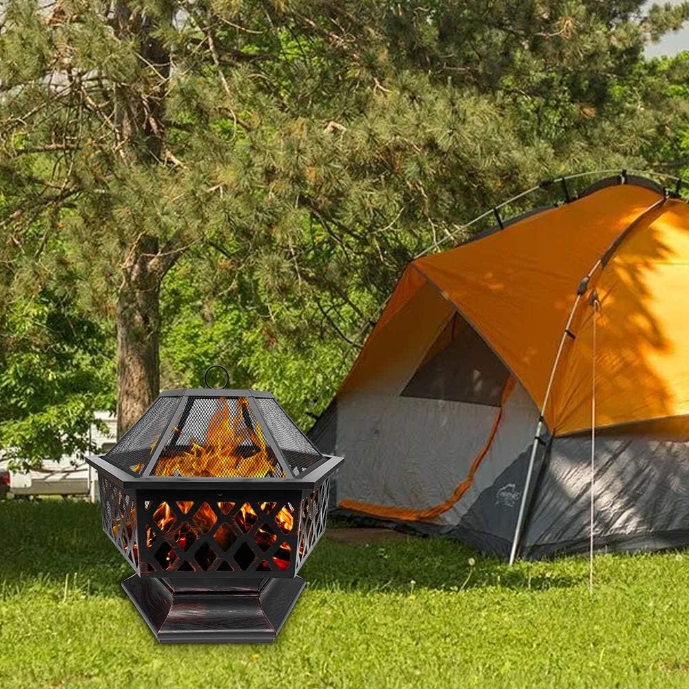 Steel Hexagonal Fire Pit, Outdoor Black Steel Garden Patio Heater Outdoor Garden fire Pit with mesh Cover Steel Firebowl Heater Burner