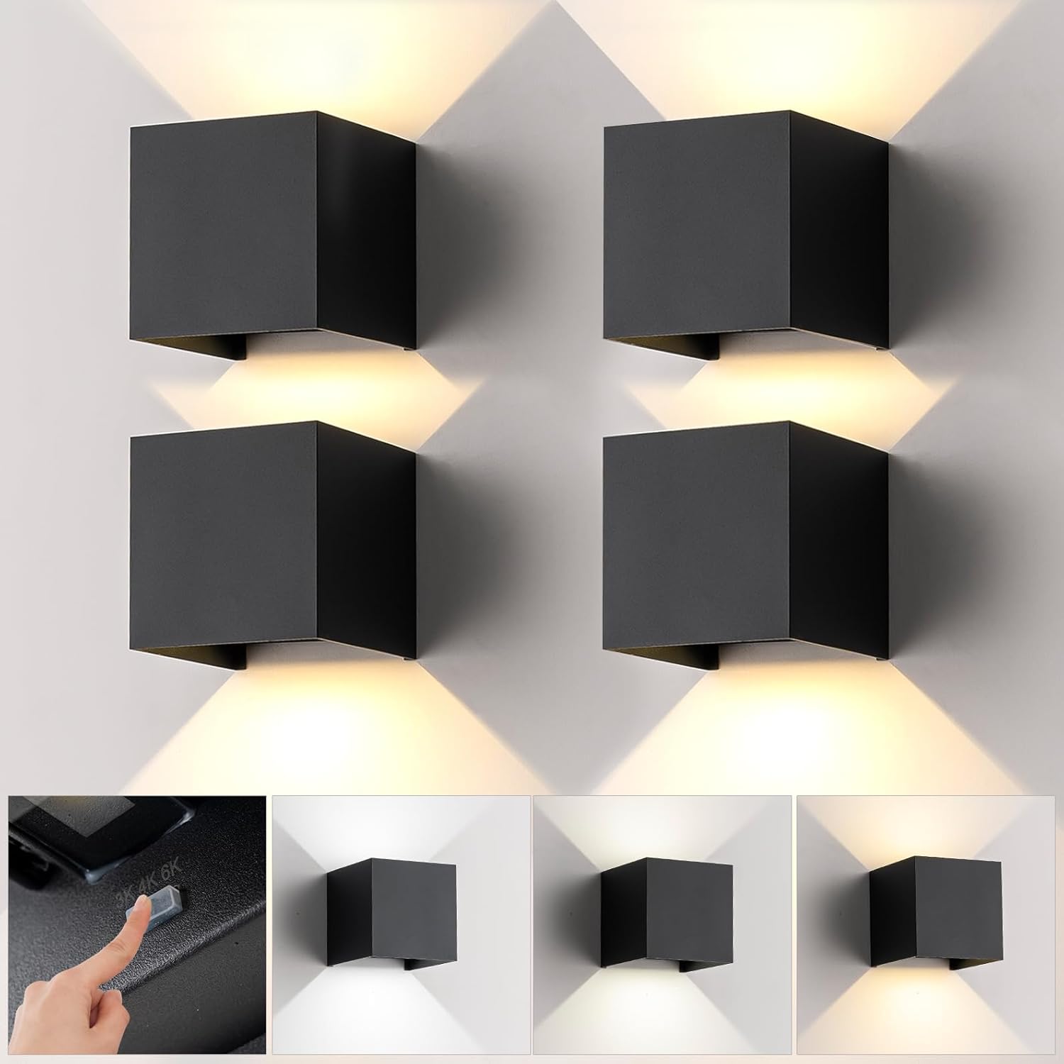 4 Pack LED Outdoor Wall Sconces Exterior/Interior,Modern Black Square Aluminum Wall Light Fixture Set,Variable Beam IP65 Waterproof Lights.15W 3-Color-Changeable Up and Down Outdoor Lighting Fixtures.