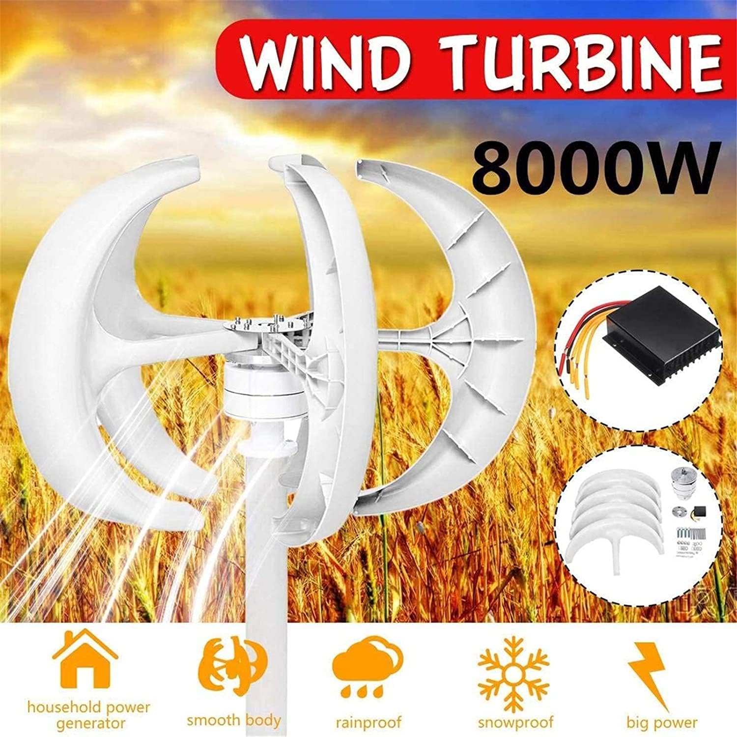 Wind Turbine 8000W Vertical Axis Wind Turbines Generator Lantern, 12V -220V 5 Blades Motor Kit for Home Hybrids Streetlight Use Electromagnetic