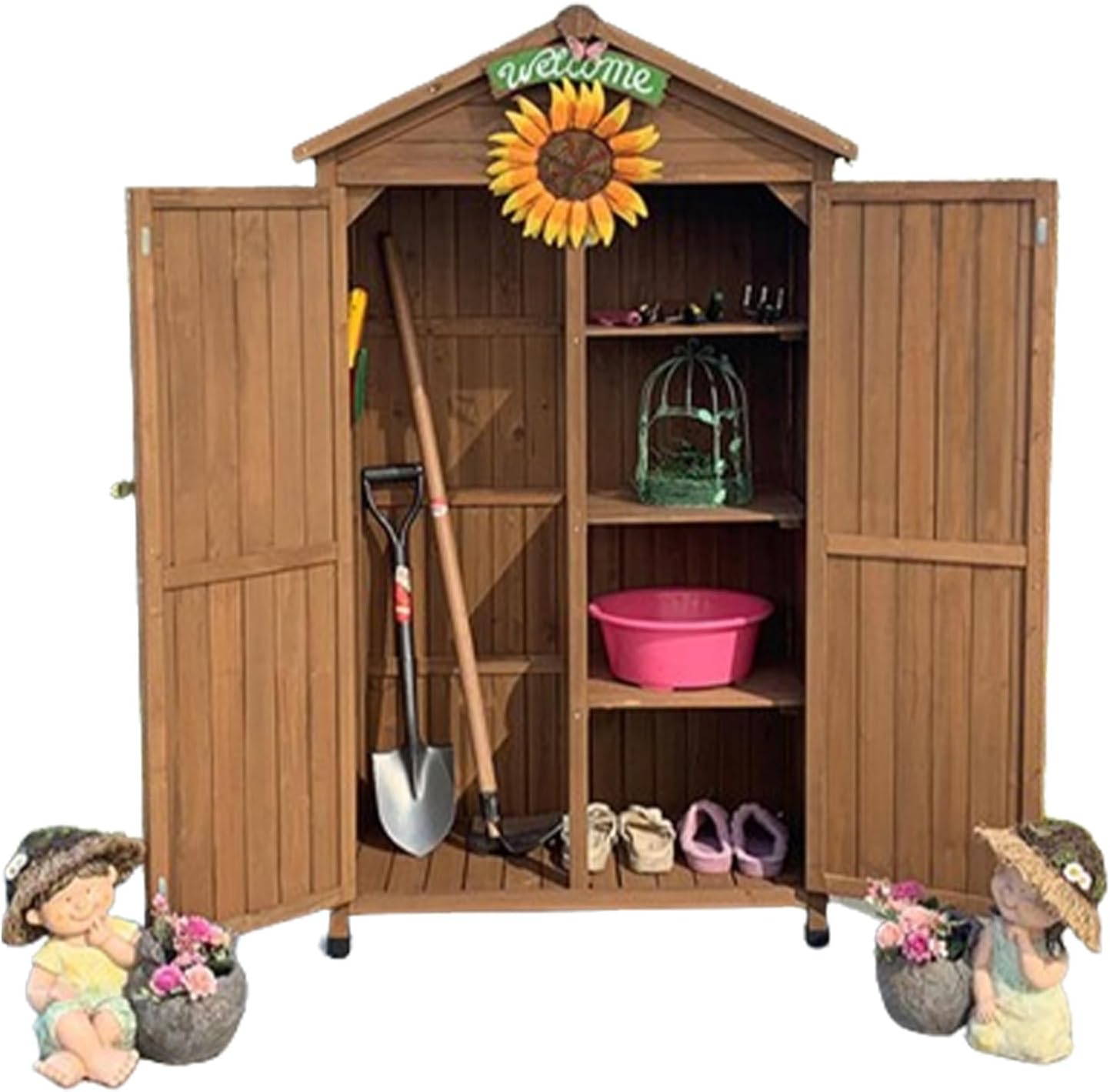 Multi Compartment Storage Cabinet, Outdoor Garden Patio Wooden Storage Cabinet with Adjustable Shelf, Organizer Cabinet with Tilted Asphalt Roof, for Outside Garden (One Color Brown)