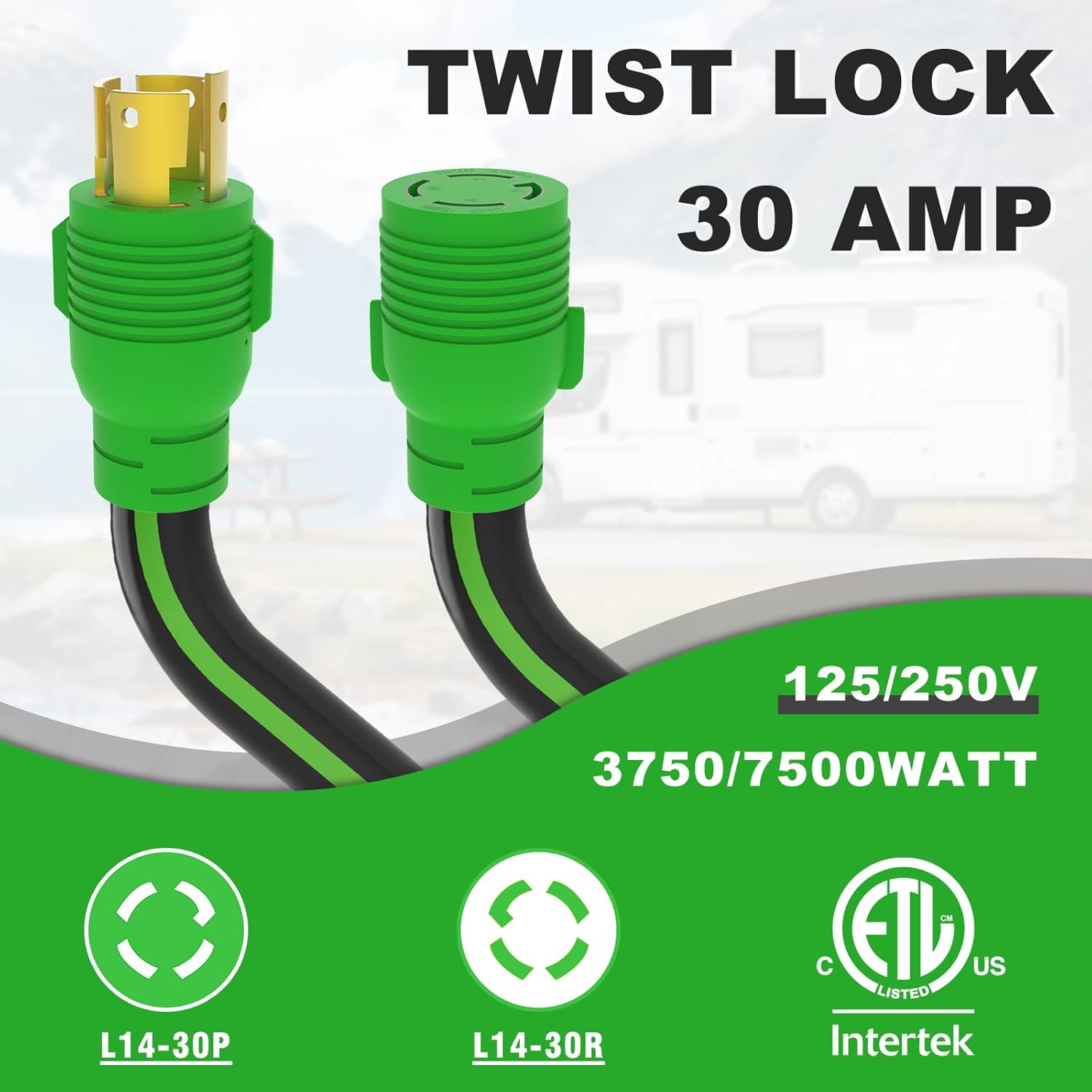 4 Prong 30 Amp Extension Generator Cord 50FT, NEMA L14-30P/L14-30R Standard Plug, 125/250 Volt Up to 7500 Watts, Twist Lock Power Cord for Manual Transfer Switch (Black&Green)