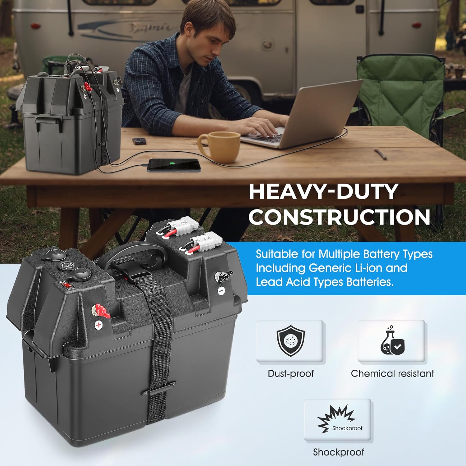 Smart Battery Box 12V Marine Case w/ 50AMP Connectors Power Center Station Fits 24/27/31 Size Batteries Multi Ports & Circuit Breaker for Trolling Motor, RV(Battery Not Included)