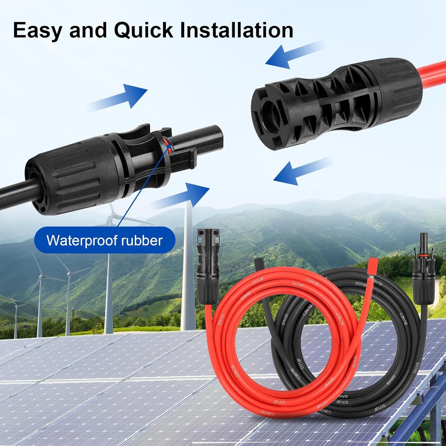 8AWG Solar Extension Panel Cable - 30FT Solar Wire with Waterproof Female and Male Connector and Solar Panel Adaptor Kit Tool PV Wire for RV, Home, Boat, Solar Panels(30feet Red + 30feet Black)