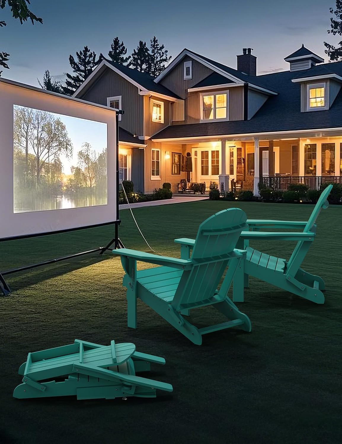 Plastic HDPE Adirondack Chair, Folding Adirondack Chair Weather Resistant with Cup Holder, Wooden Textured Fire Pit Outdoor Chair for Garden, Porch, Lawn, Backyard, Supports 380LBS, Lake Blue