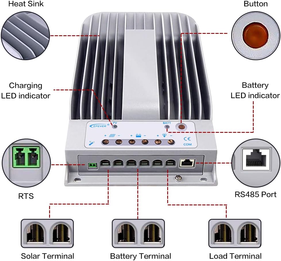 Epever 40A MPPT Solar Charge Controller Tracer BN Series Negative Ground 40 Amp Solar Panel Charge Controller 12V/24V Auto Identifying Intelligent Regulator Max. PV 150V