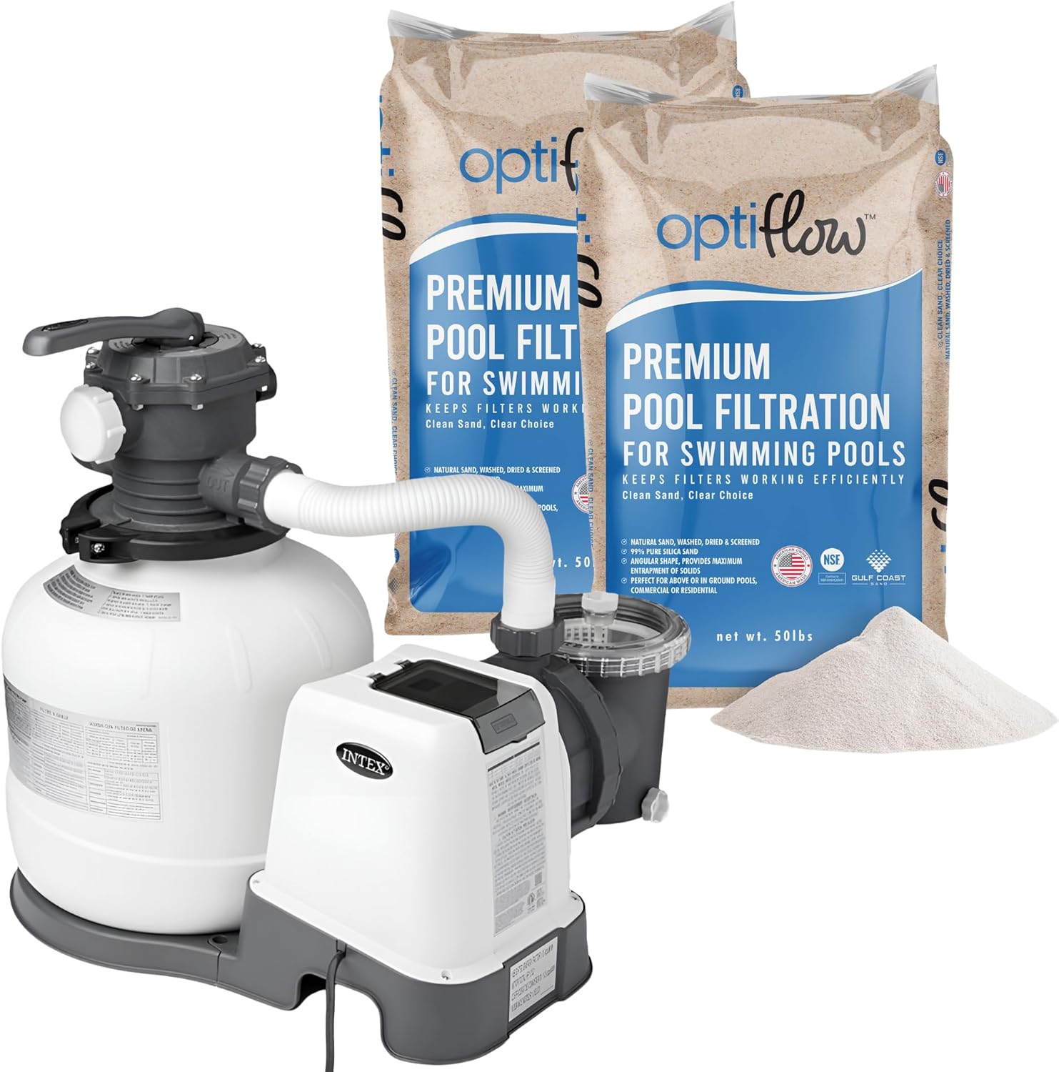 Intex 26647EG Krystal Clear 2800 GPH Sand Filter Pump for Above Ground Pools Bundled with OptiFlow 2 Pack Premium Pure Silica Filter Sand, 50 lb Bags