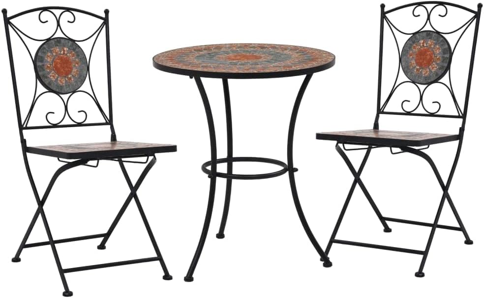 3 Piece Mosaic Bistro Set Ceramic Tile Orange/Gray, Outdoor Patio Furniture Set with 1 Table and 2 Chairs for Backyard, Garden -1453
