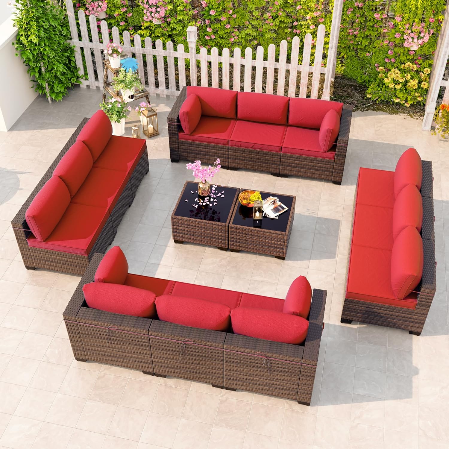Kullavik 14 Pieces Outdoor Patio Furniture Set,Sectional Rattan Sofa Set Brown PE Rattan Wicker Patio Conversation Set with Tempered Glass Coffee Tables and Washable Cushions Covers,Red