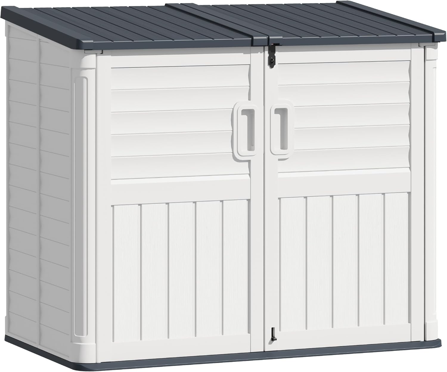 TUOZE 34 Cu Ft Resin Storage Shed with 2 Shelves, Waterproof Outdoor Storage Cabinet with Sloping Roof & Lockable Lid for Garden Tools, Trash Cans (Beige)