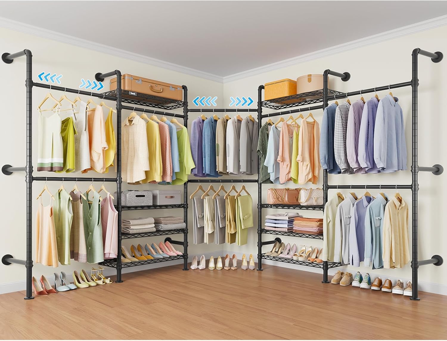 Timate L5 Expandable Closet Rack Wall Mount for Corner, L Shape Heavy Duty Hanging Garment Rack Clothing Rack with 8 Adjustable Shelves & 4 Hanger Rods, Closet System for Hanging Clothes, Black