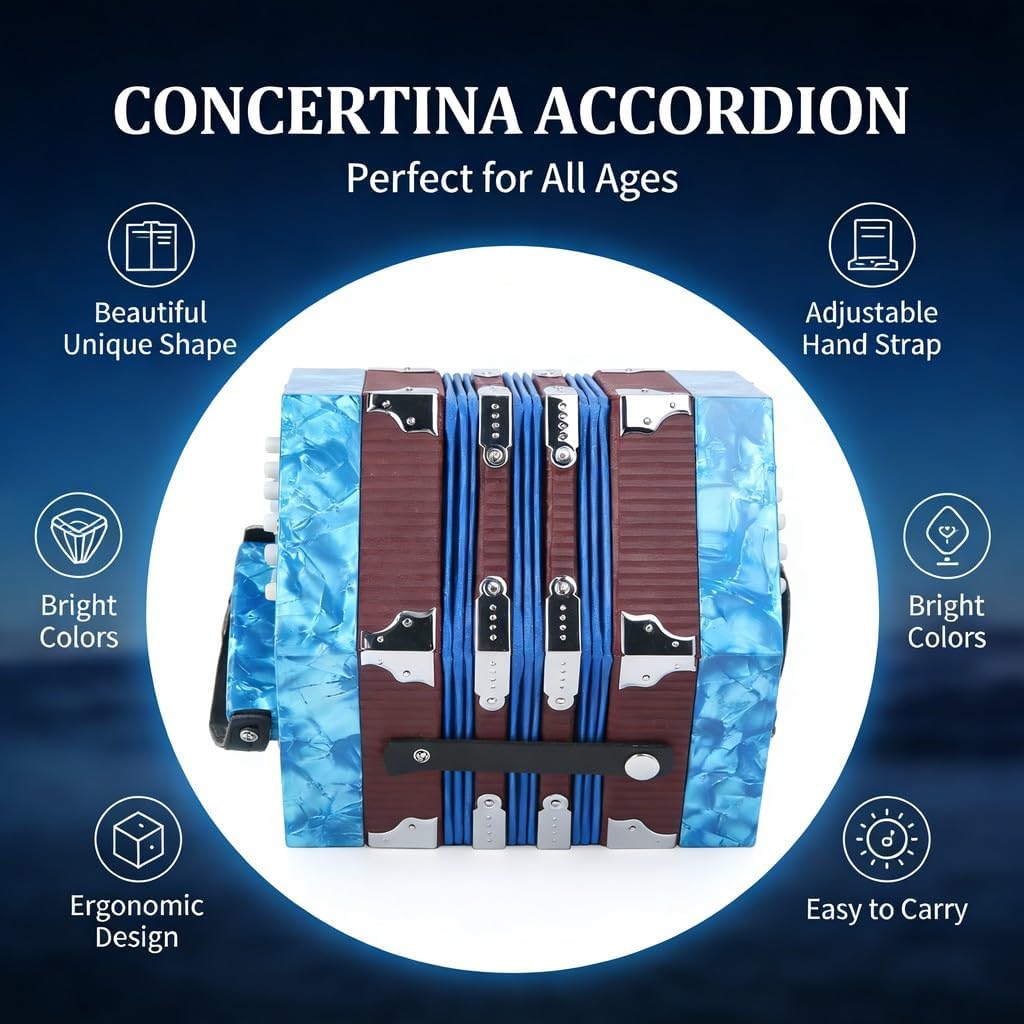 Concertina Accordion Portable Wood Instrument Royal Blue, Adjustable Hand Strap, Beginner Friendly - Professional Craftsmanship, Compact Design, Ideal for Adults and Students (Blue)