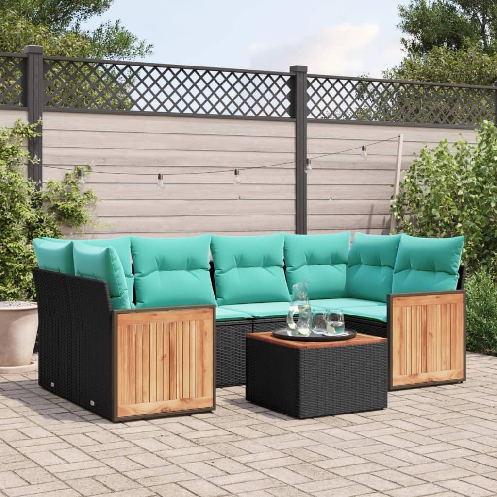 7 Piece Patio Sofa Set with Cushions Black Poly Rattan, Modular Outdoor Furniture with Removable Covers and Storage Bag, Durable PE Rattan and Acacia Wood Tabletop for Garden