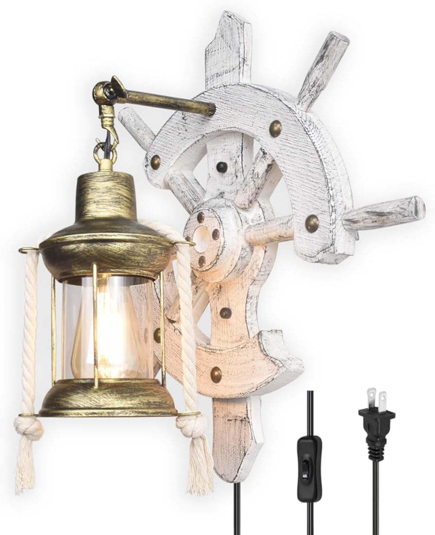 Ship Helm Pirate Nautical Wall Sconce Plug in or Hardwire, Indoor Antique Vintage Coastal Beach Ocean Themed Wall Light, Bedroom Rustic Wall Mount Lamp Light Fixtures (Edison Bulb Included)