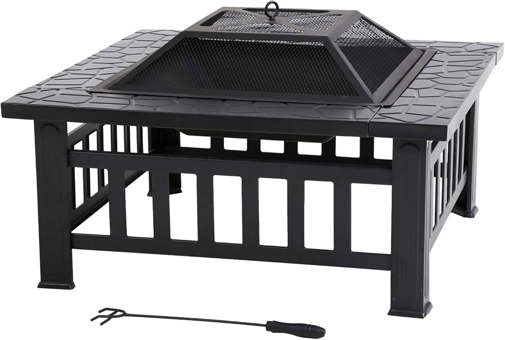 Outdoor Fire Pit 32 inch Square Metal Firepit for Patio Wood Burning Fireplace Garden Stove with Charcoal Rack, Poker & Mesh Cover for Camping Picnic Bonfire Backyard