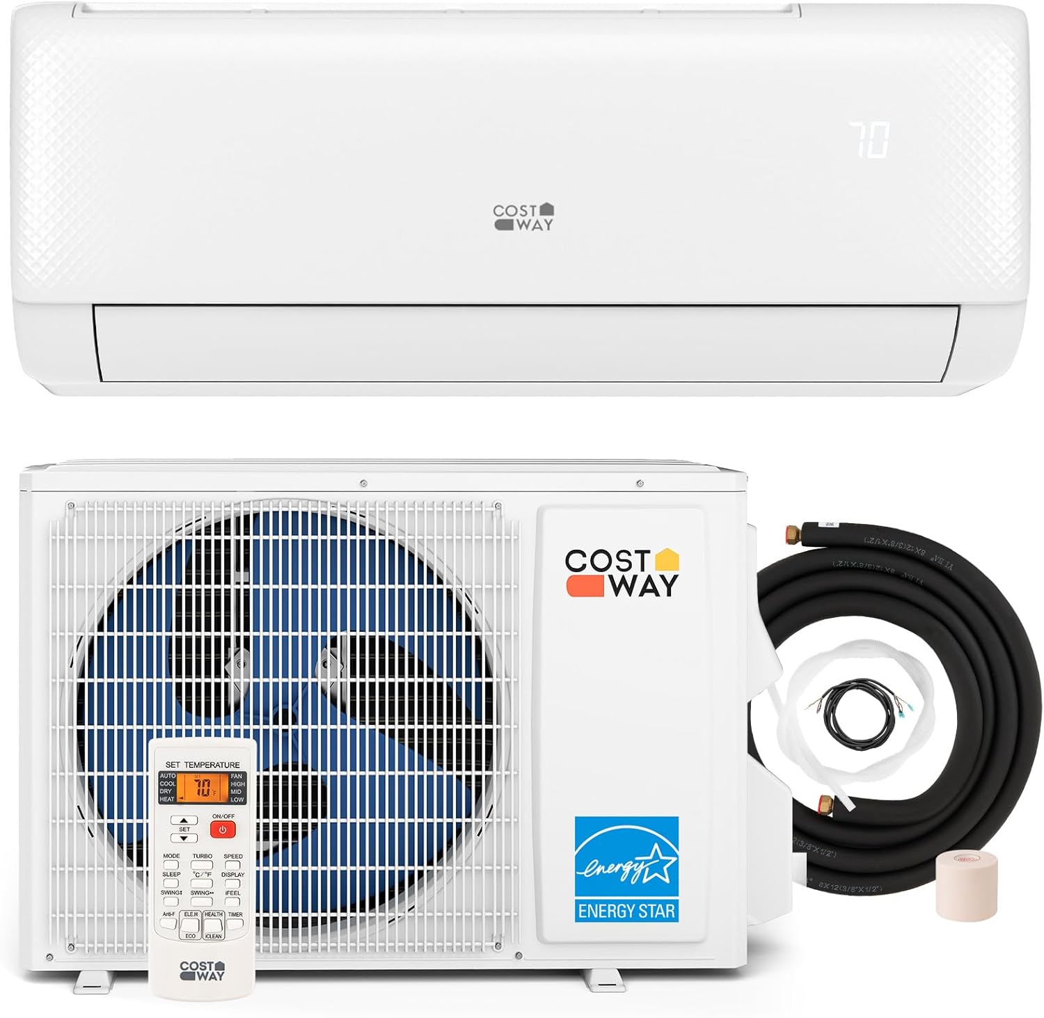 COSTWAY 12,000 BTU Mini Split Air Conditioner, with Heat Pump, Energy Star, 21 SEER2 Inverter, 24H Timer, Auto Clean, Remote Control for Rooms up to 750 Sq.Ft, 208-230V (Airtural Series)