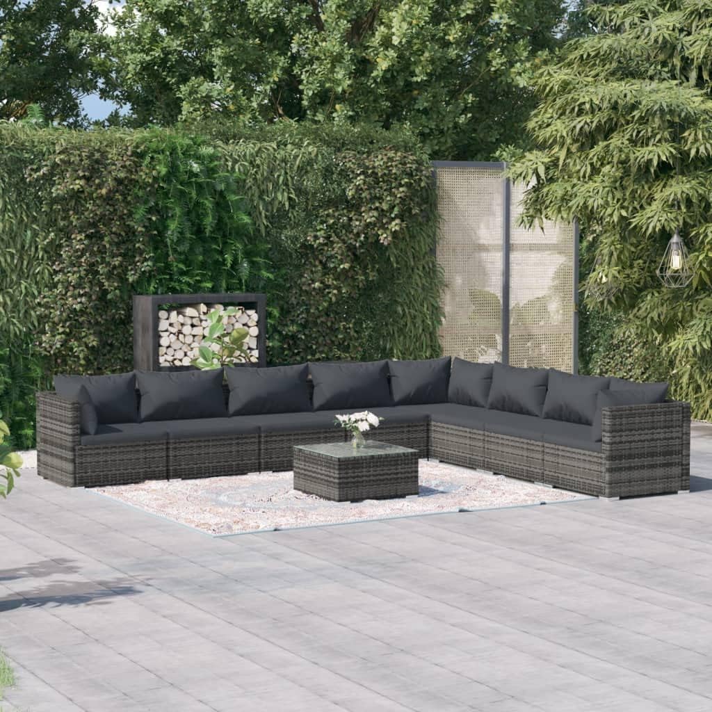 9 Piece Patio Lounge Set with Cushions Poly Rattan Gray,Modern Outdoor Patio Lounge Set with Water-Resistant Rattan and Durable Steel Frame Patio Furniture Sets, Outdoor Furniture Sets