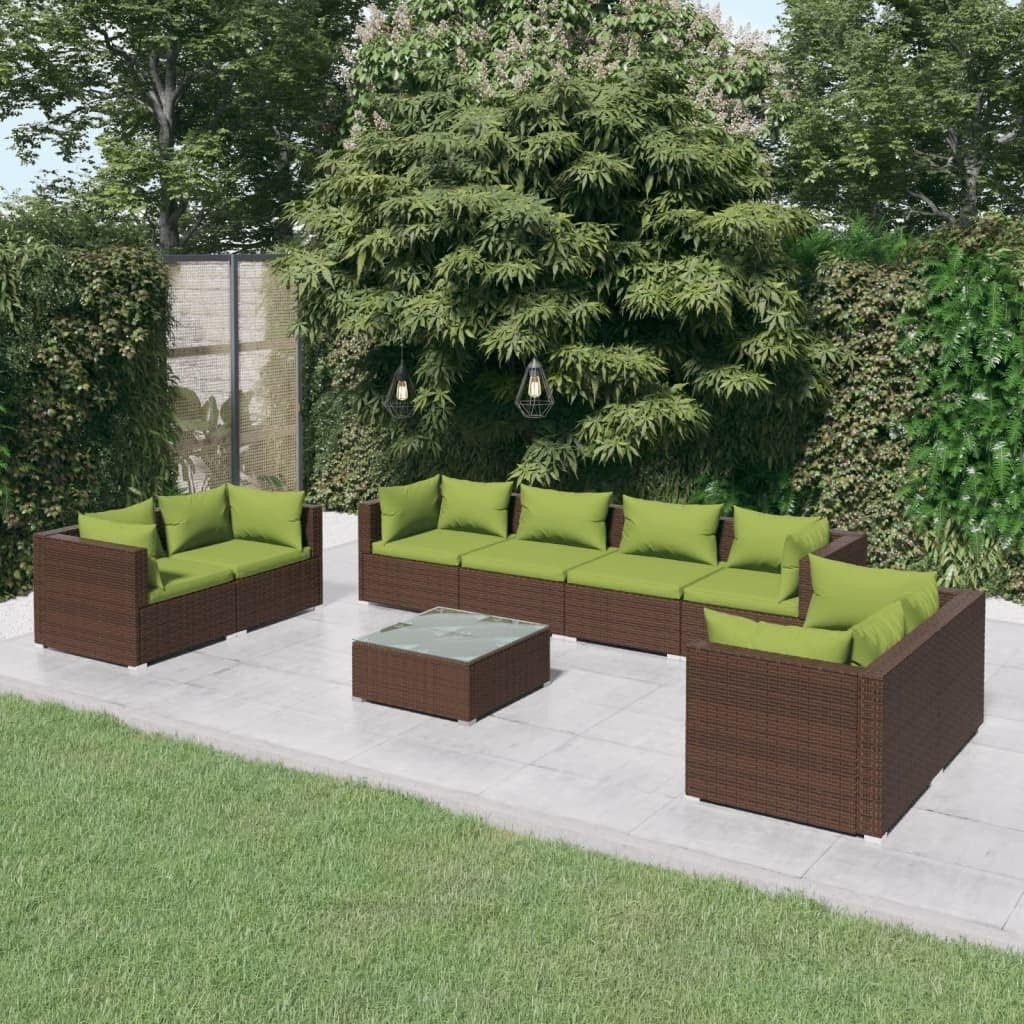 Patio Set 9 Piece Patio Lounge Set with Cushions Poly Rattan Brown