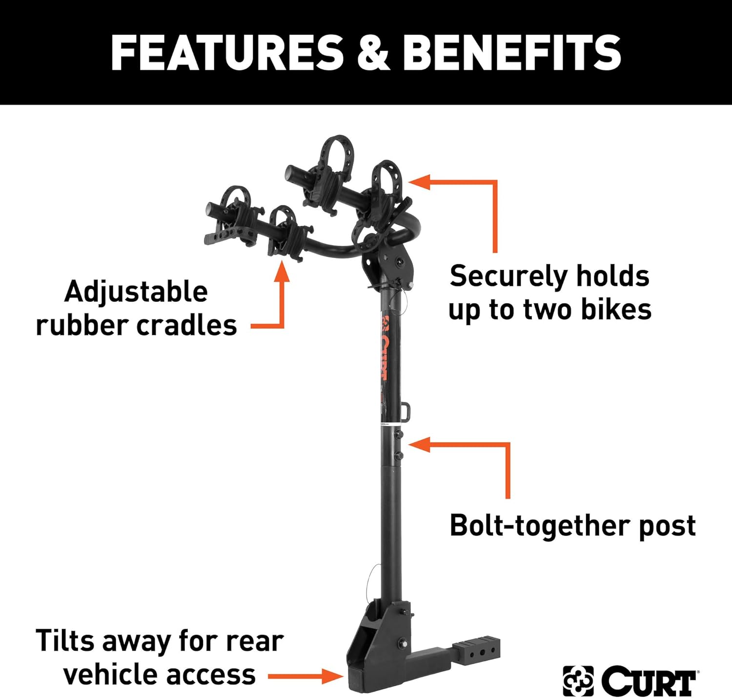 CURT 18029 Trailer Hitch Bike Rack Mount, Fits 1-1/4, 2-Inch Receiver, 2 Bicycles, CARBIDE BLACK POWDER COAT