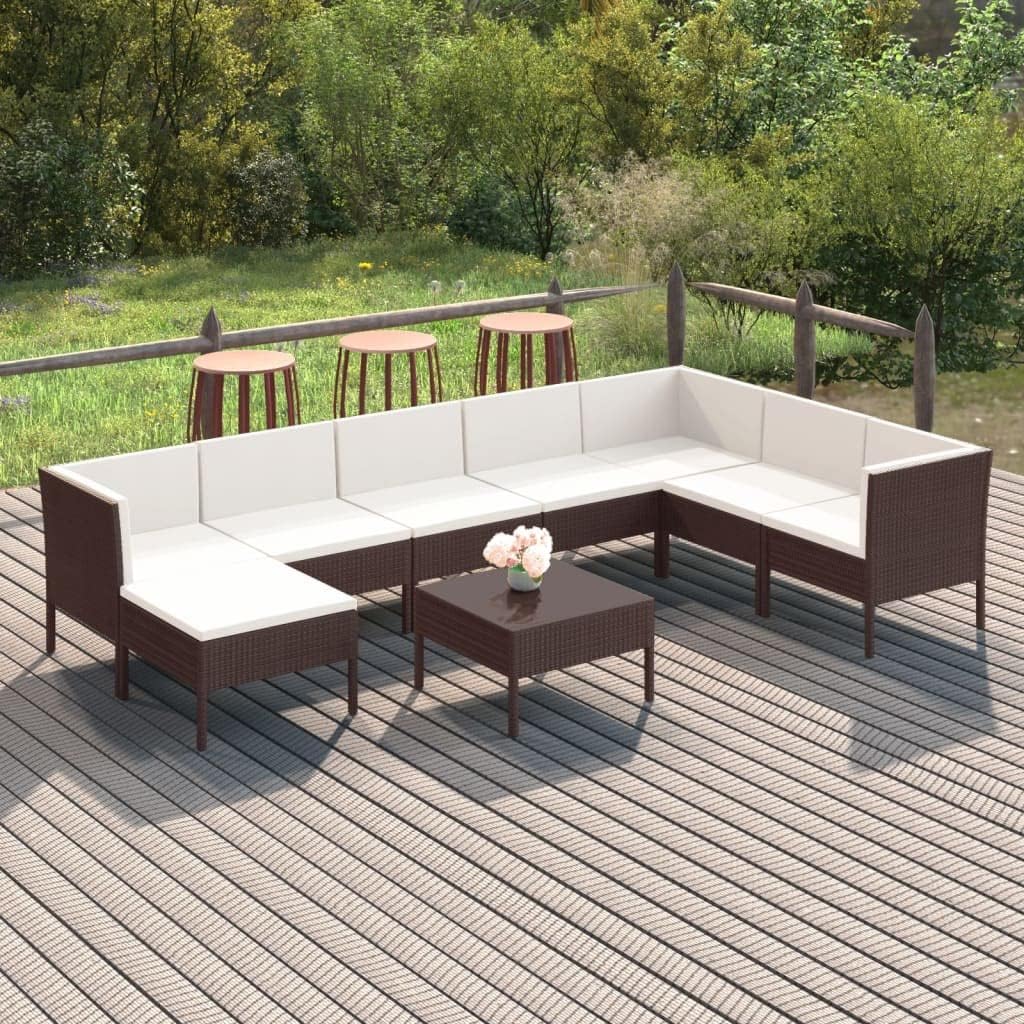 9 Piece Patio Lounge Set with Cushions Poly Rattan Brown,Premium Outdoor Lounge Set with WeatherResistant Rattan for Garden and Patio Patio Furniture Sets, Outdoor Furniture Sets