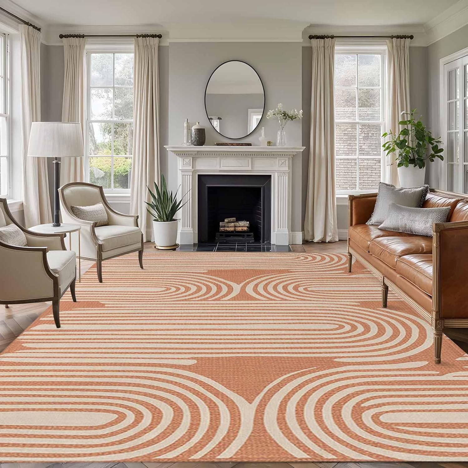 Large Area Rug 8'x10', Line Texture Non-Slip Runner Carpet for Living Room/Bedroom/Office, Orange Abstract Art Retro Washable Outdoor Indoor Rectangle Area Rug Floor Mat for Kitchen/Dining Room