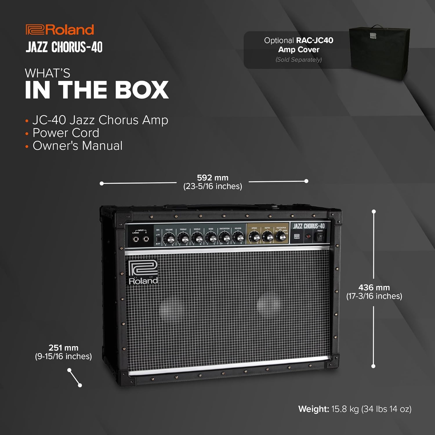 Roland JC-40 Jazz Chorus | Compact Guitar Amp | Iconic JC Clean Tone | Signature Dimensional Space Chorus Effect | Powerful 40-Watt Stereo Amp | Dual 10” Speakers | Enhances Pedals, Multi-FX & More
