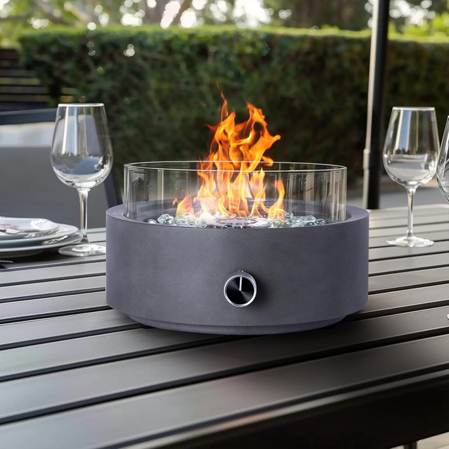 Propane Table Top Fire Pit for Outside Patio,14-inch Tabletop Fireplace Bottom-Mounted for Table with Umbrella Hole- Grey