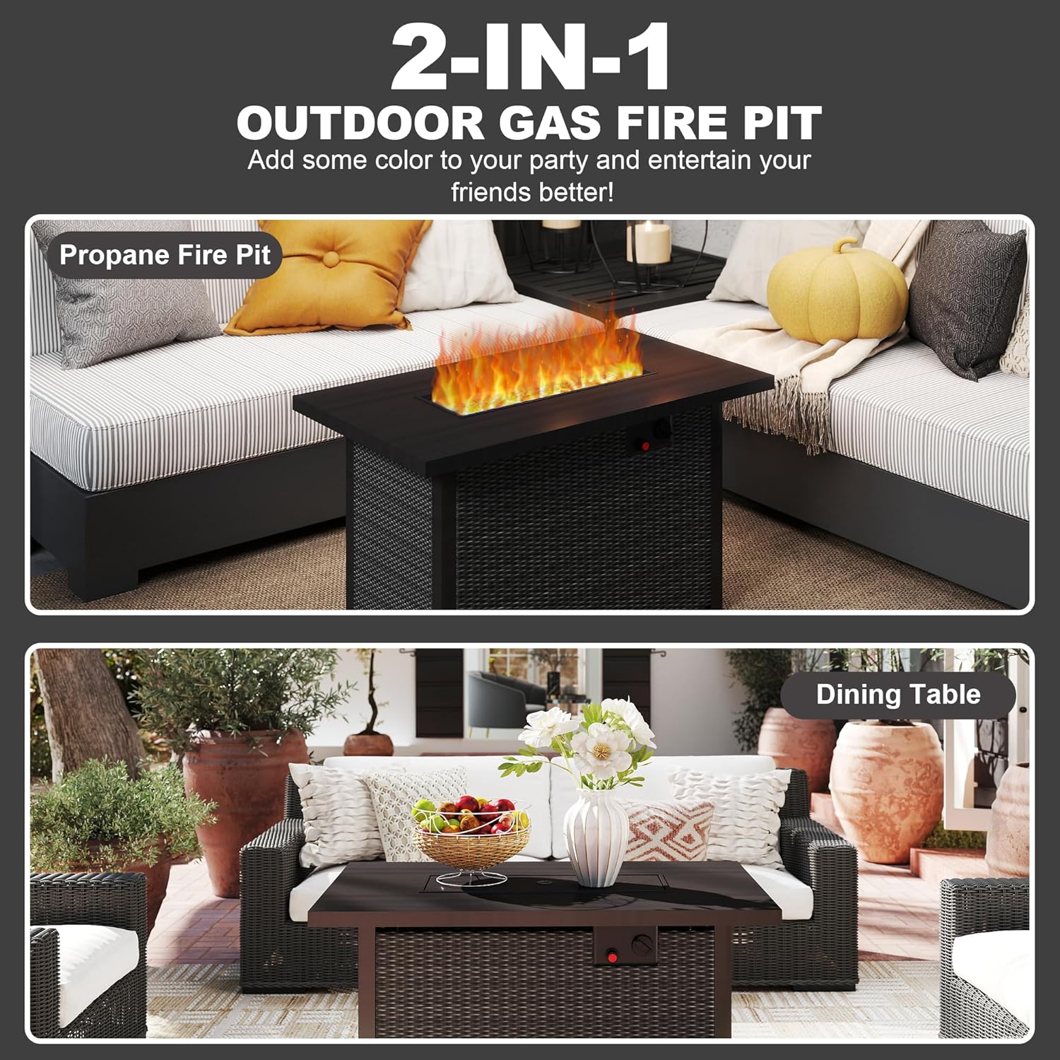 GOJOOASIS Outdoor Fire Pit Table 42 Inch Patio Propane Fire Pit Wicker Rattan 50,000 BTU Auto-Ignition Gas Pit for Outside Black Without Glass Wind Guard