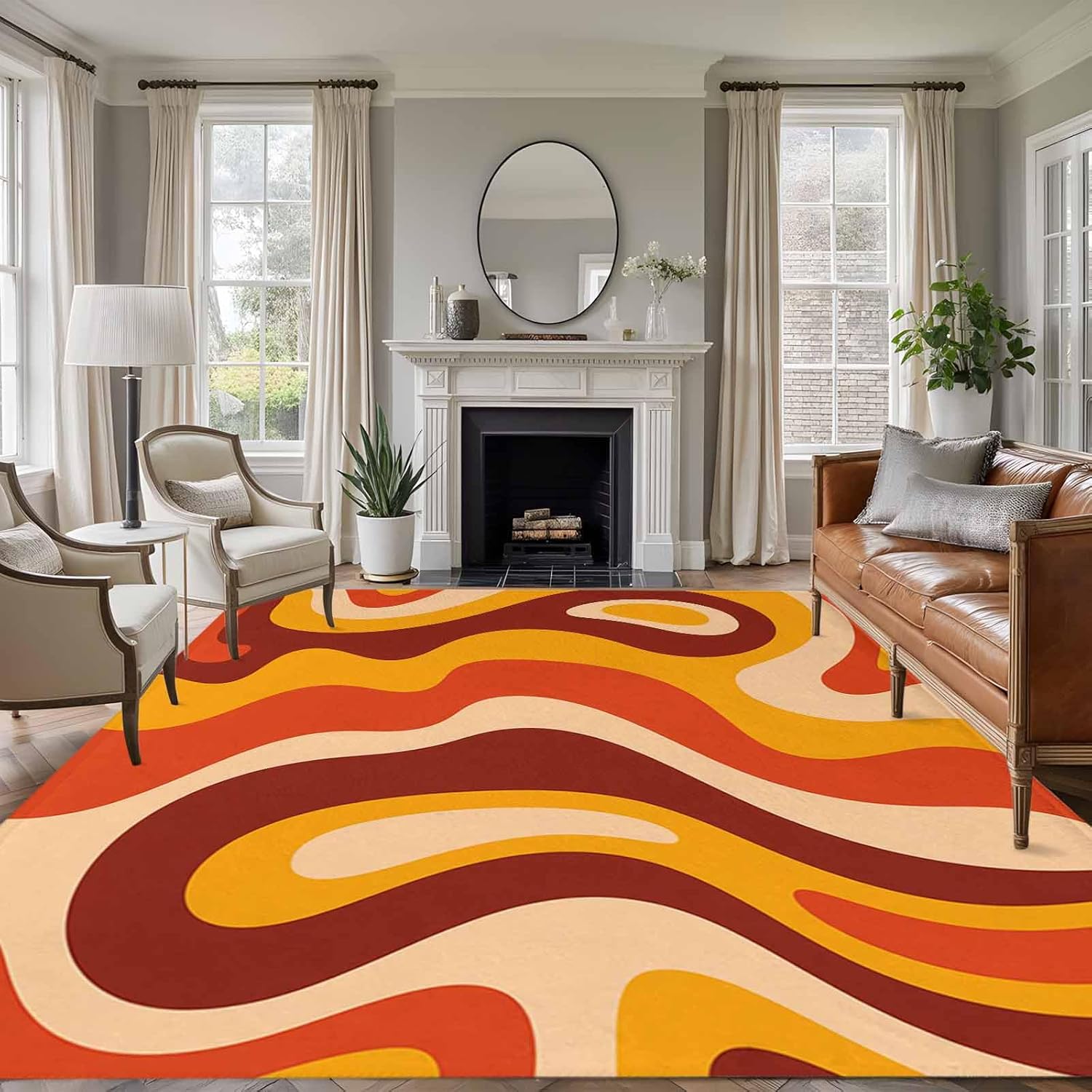 Large Area Rug 8'x10',Orange Brown Non-Slip Runner Carpet for Living Room/Bedroom/Office,Modern Farmhouse Abstract Patterned Art Outdoor Indoor Rectangle Area Rug Floor Mat for Kitchen/Dining Room