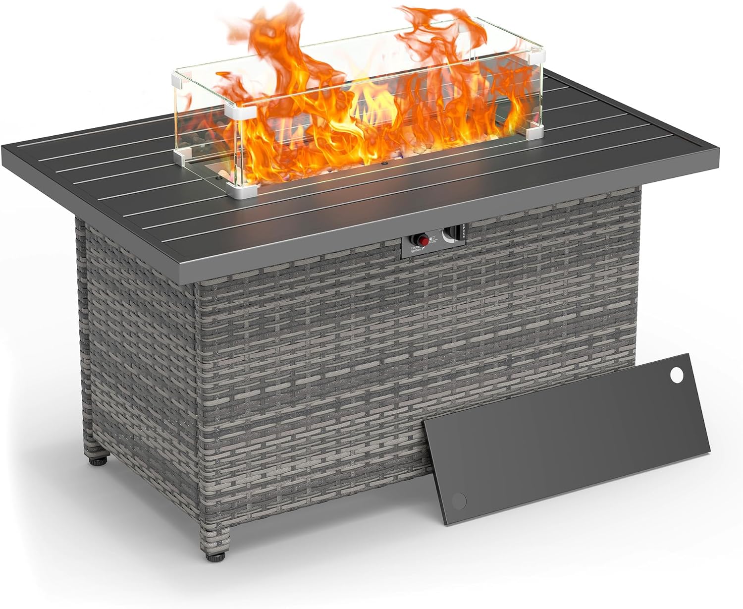 44 Inch Rectangular Propane Gas Fire Pits Table for Outside Patio, 50000 BTU Outdoor Wicker Rattan Fire Pit with Glass Wind Guard and Lid for Outside Patio Deck, Garden, Backyard (Grey)
