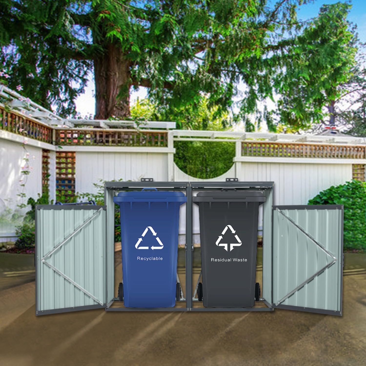 Galvanized Steel Garbage Bin Shed for Outdoor Storage, Metal Trash Can Enclosure Holds 2/ Bins, Garden Yard Lawn Utility Shed with Lockable Doors (Black,2 Doors)