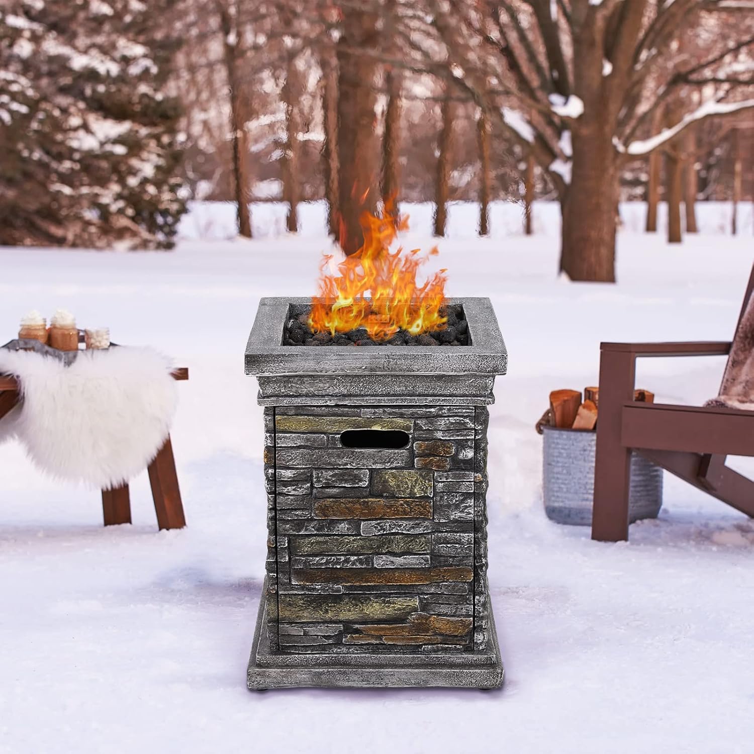 Gas Fire Pit 30,000 BTU Column Firepit Outdoor Propane Fire Pit for Patio Garden Camping Outdoor Fireplace Heating Terrafab Base with Lava Rocks and Waterproof Cover