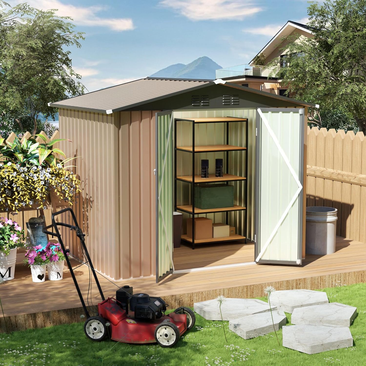 8FT x 6FT Garden Shed with Apex Roof for Patio Backyard Use Galvanized Steel Metal Sheds Storage House | Heavy-Duty, Weather-Resistant, Easy Assembly, Lockable Outdoor Storage Solution