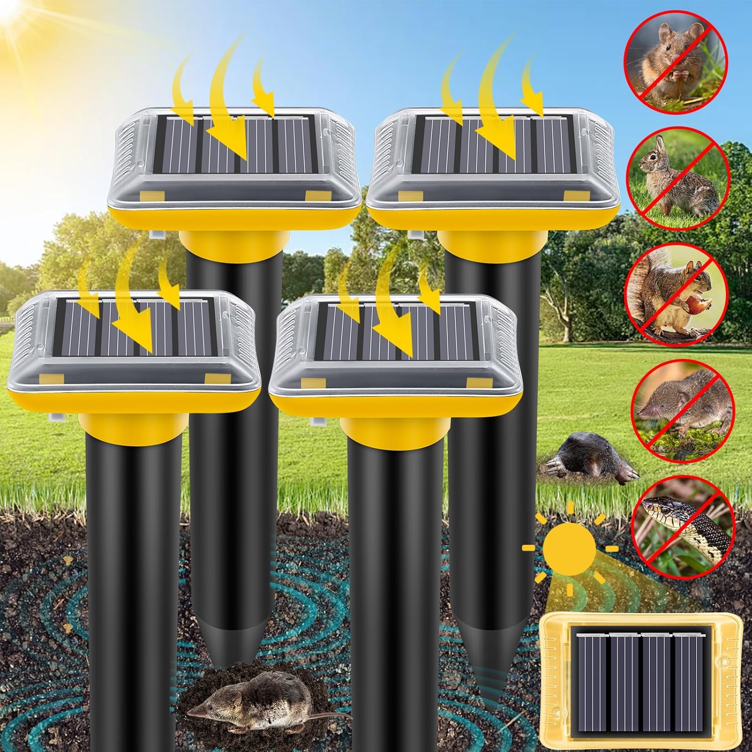 Mole Repellent Outdoor, 2024 Upgrade Solar-Powered Gopher Mole Repellent for Lawn Yard and Garden, Waterproof Mole Killer Traps, Effectively Repels Mole Snake Vole Groundhog, 4 Pack
