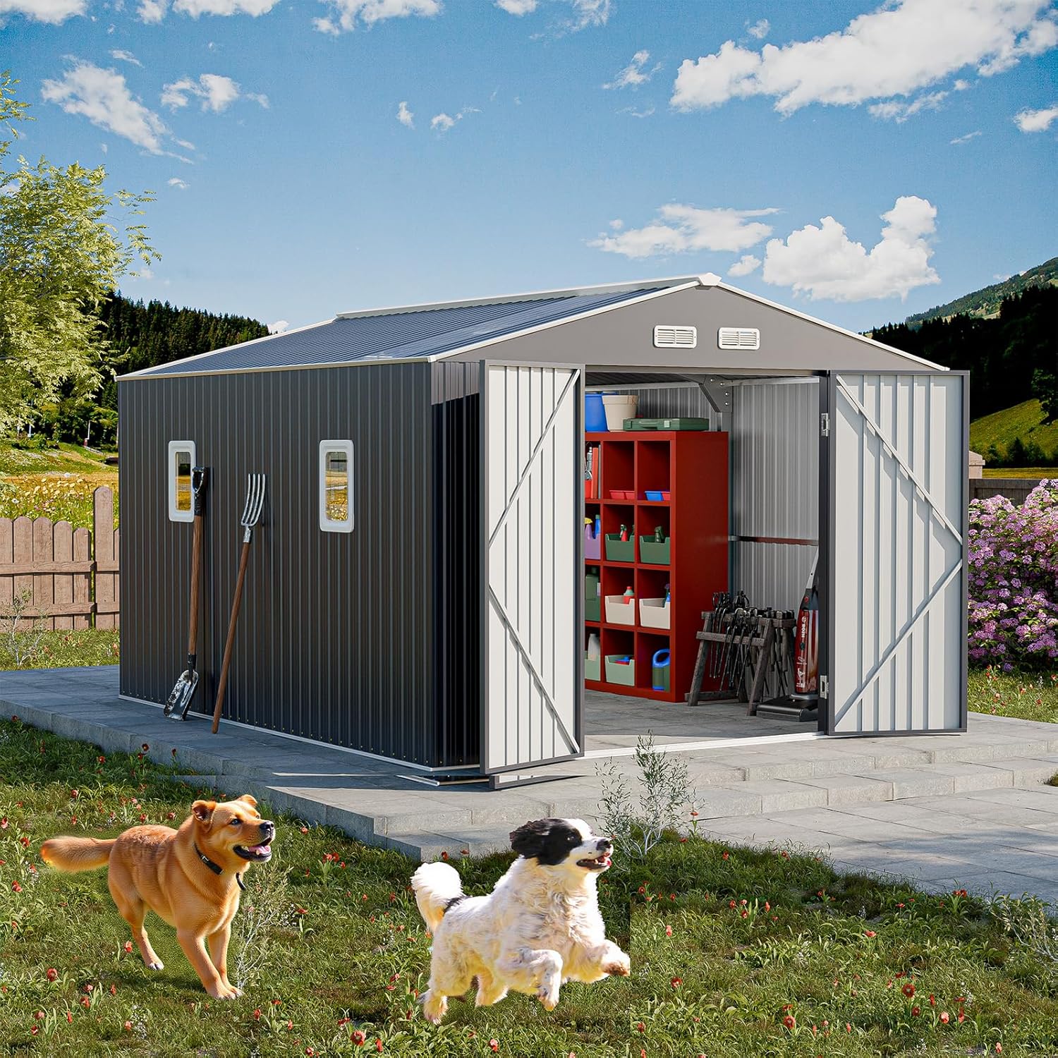 Restland 10x12 FT Outdoor Storage Shed Reinforced Frame Metal Shed with Clear Roof, Air Vent & Lockable Door Large Garden Tool Storage Sheds for Backyard, Garden, Lawn