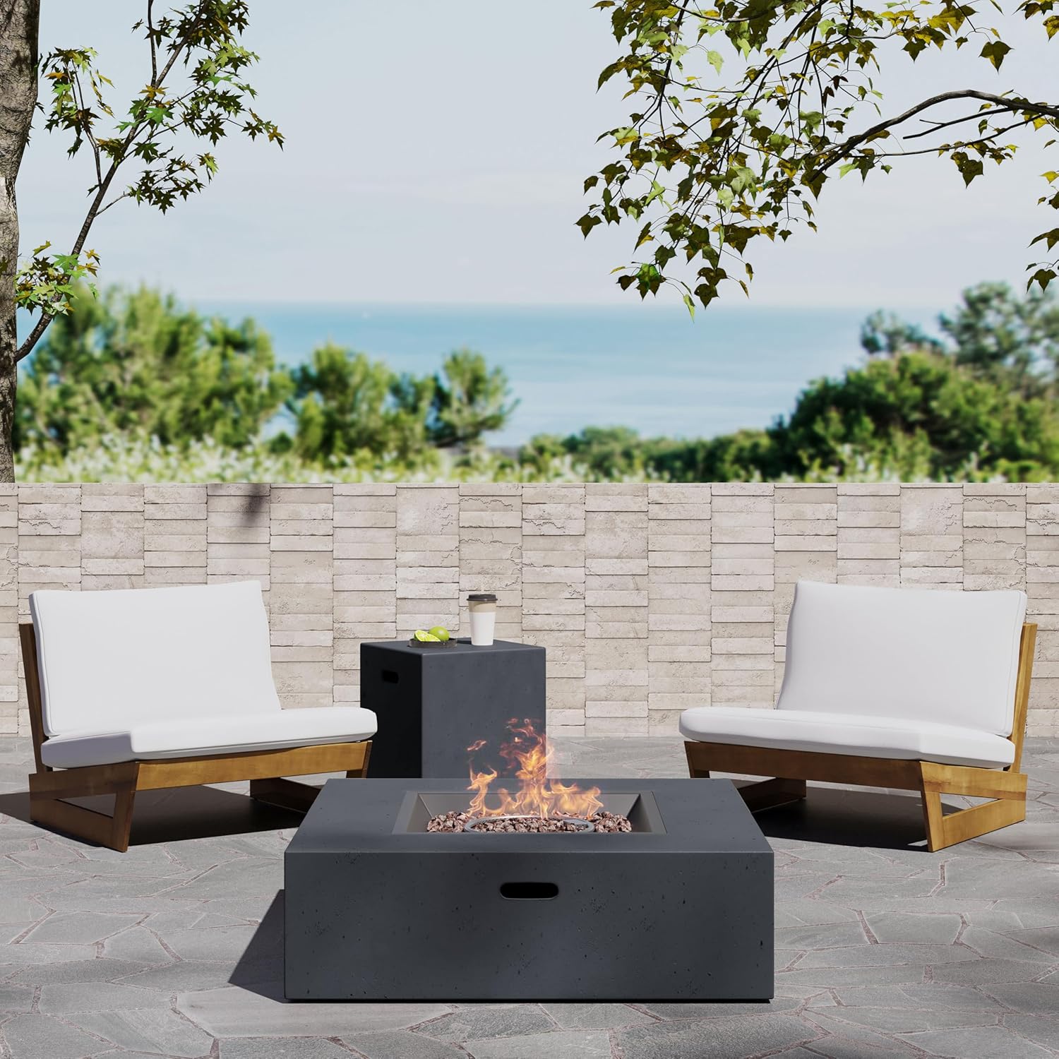 Christopher Knight Home Sherwood Acacia Wood Outdoor Lounge Chairs and 50,000 BTU Square Propane Fire Pit, 32.5 