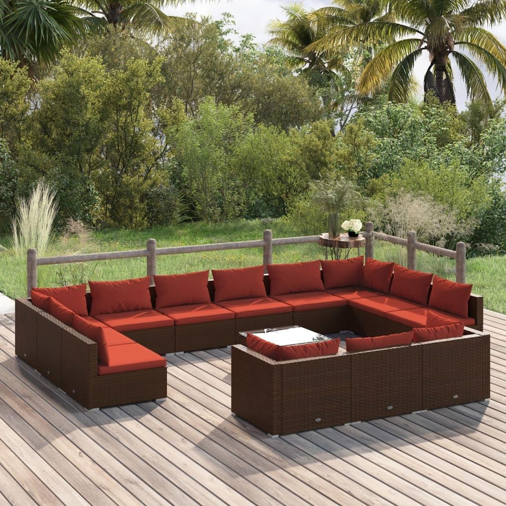 Furniture Sets 14 Piece Patio Lounge Set with Cushions Brown Poly Rattan,Modern Patio Lounge Set: Durable, WeatherResistant and Modular Garden Conversation Sets