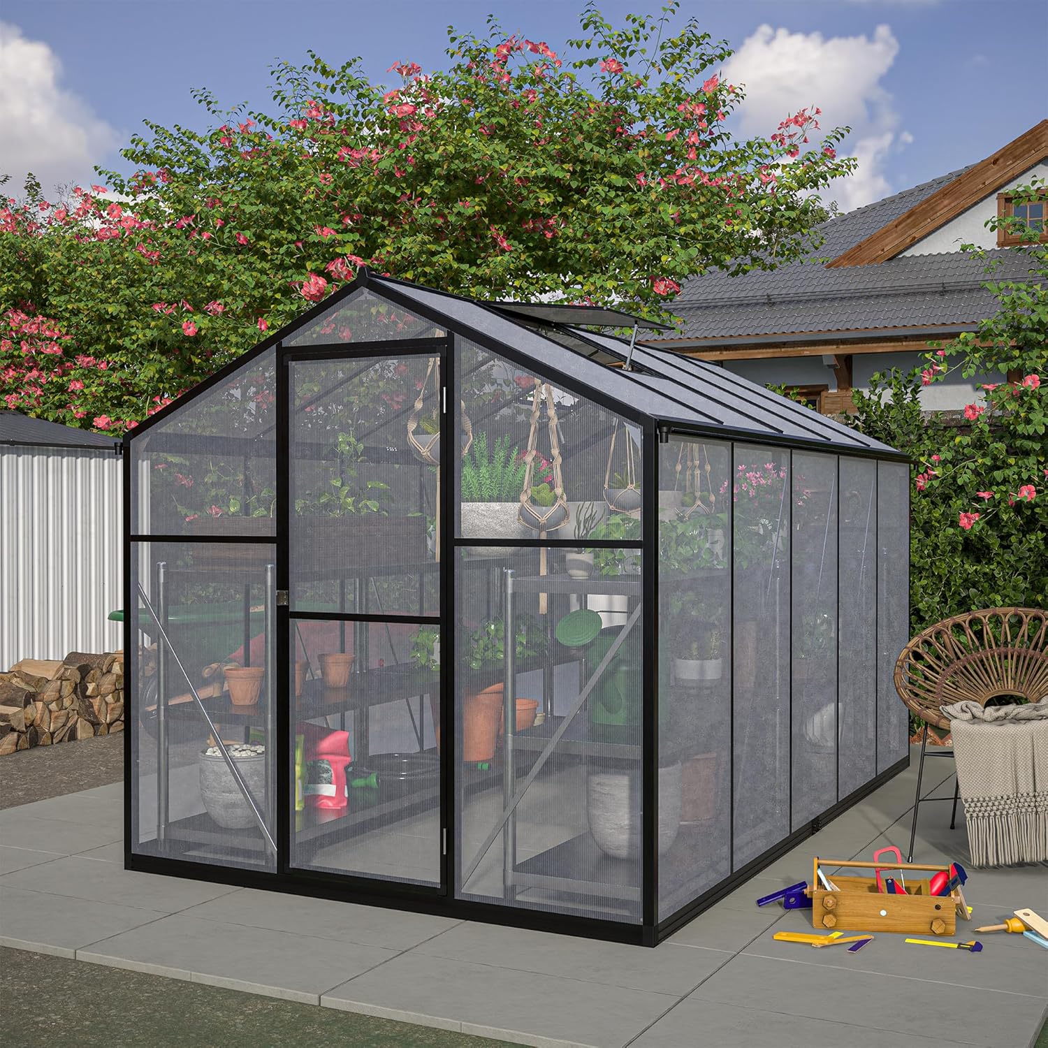 Large Walk-in Clear Polycarbonate Greenhouse with Rain Gutters & Adjustable Roof Vent - Sturdy Aluminum Frame Outdoor Plant House for Vegetable, Flower & Garden Growth-Outbuilding (6x10 ft)