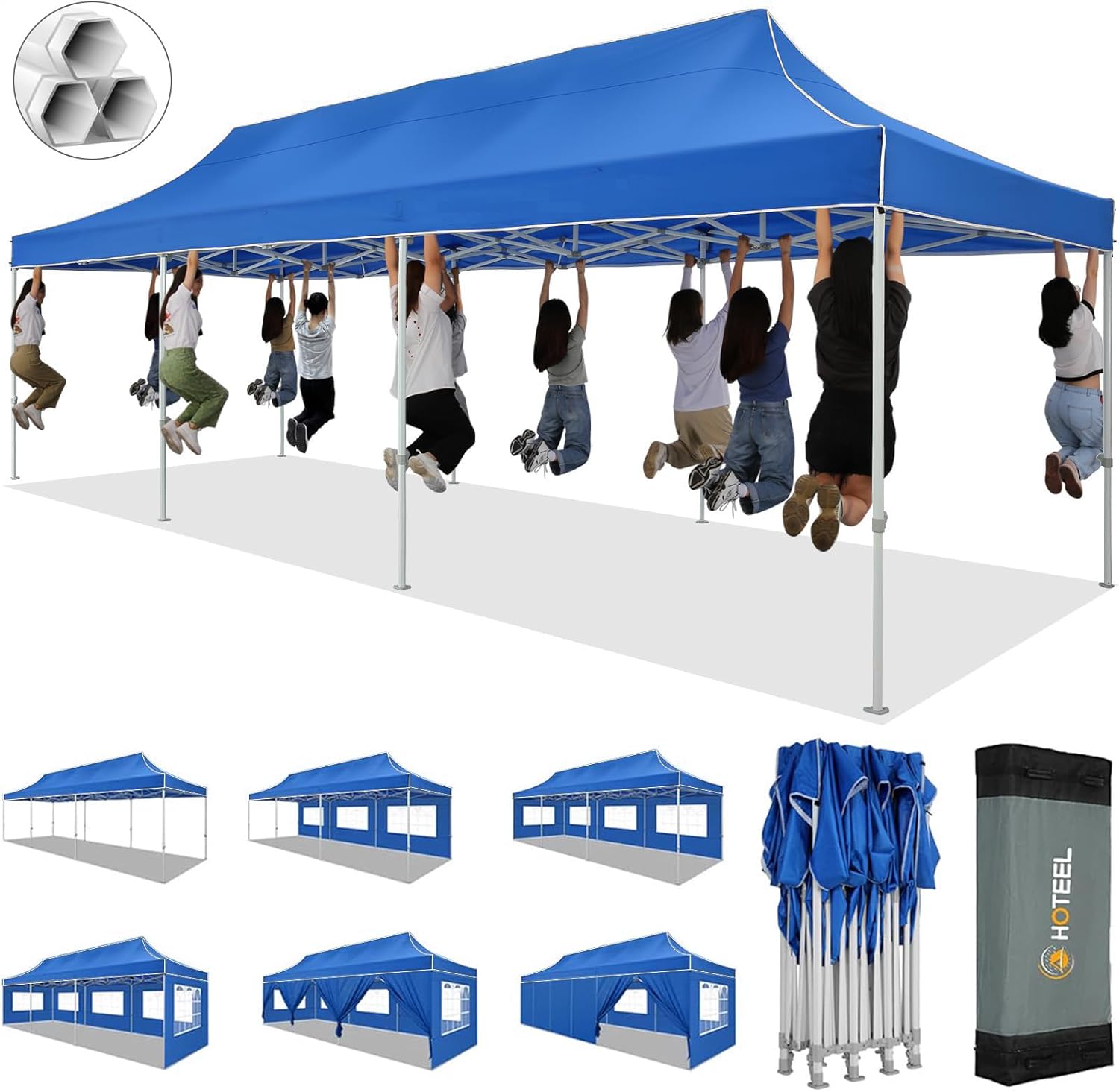 HOTEEL 10x30 Pop up Canopy Tent for Parties, Heavy Duty Easy Setup Tent with 8 Sidewalls, Outdoor Commercial Instant Gazebo for Wedding Event, with Portable Bag & Sand Bags, Blue(Hexagonal Frame)