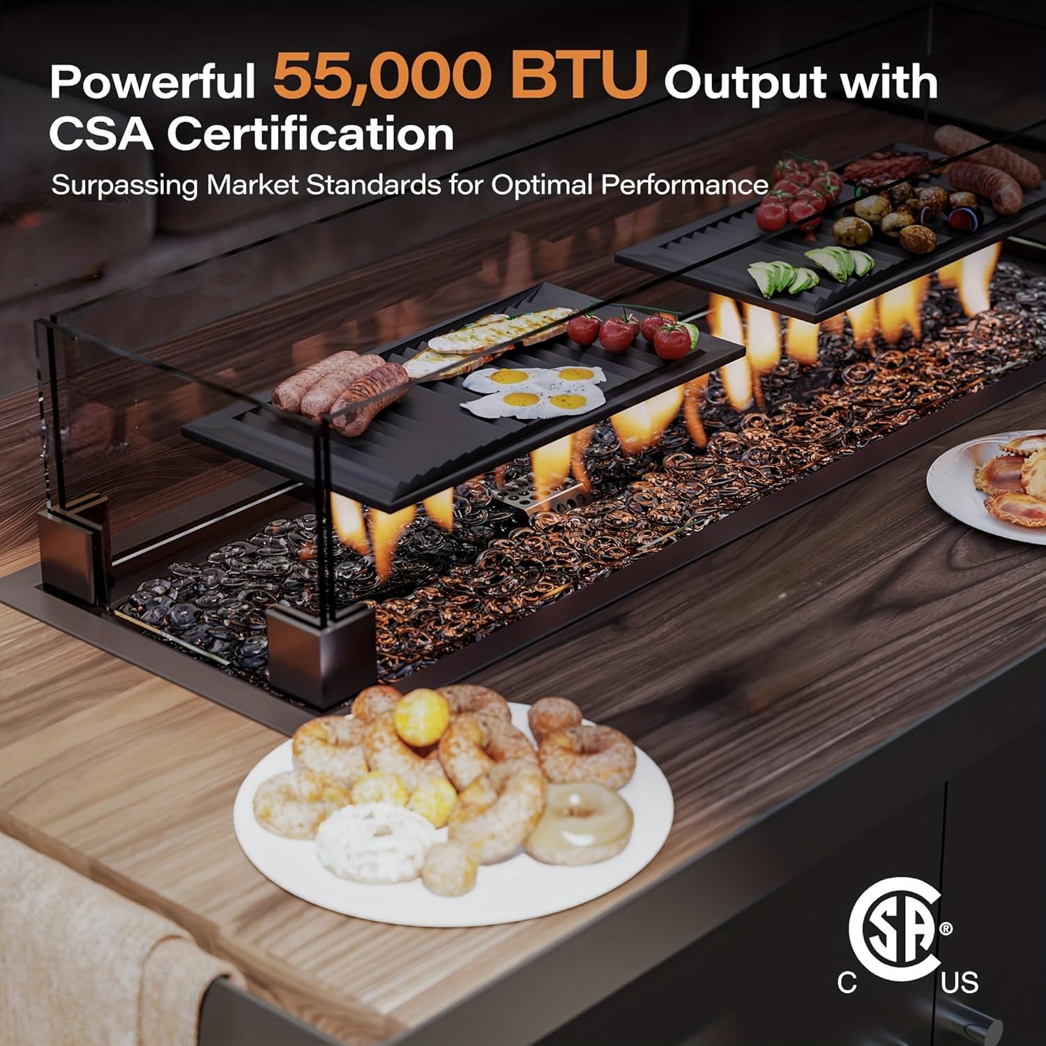 Propane Fire Pit Table with Lid, 55, 000 BTU Gas Fire Pits for Outside Patio with Glass Wind Guard, Gray Glass Beads (Black, 43-inch)