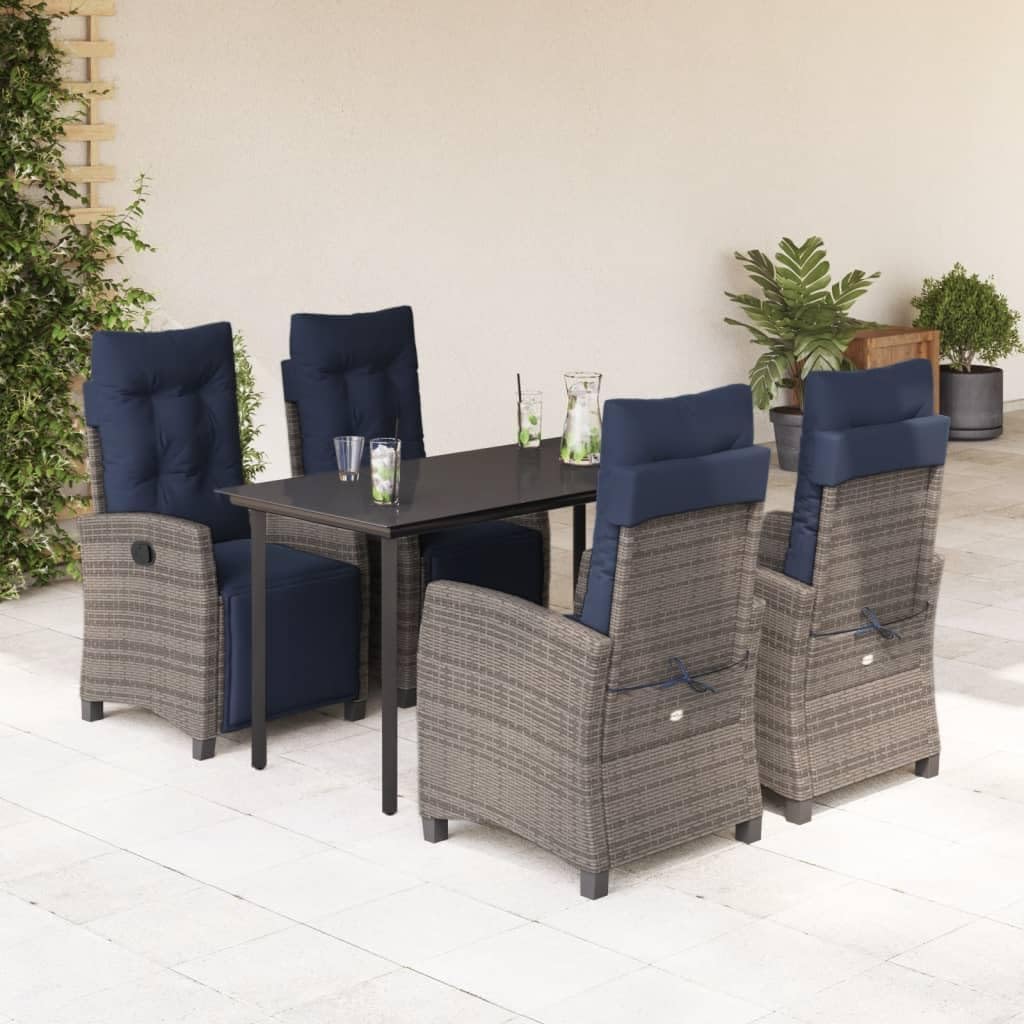 5 Piece Patio Dining Set with Cushions Gray Poly Rattan,Outdoor Dining Furniture Set with Adjustable Lounge Chairs and Glass Top Table Patio Furniture, Outdoor Furniture Sets, Grey