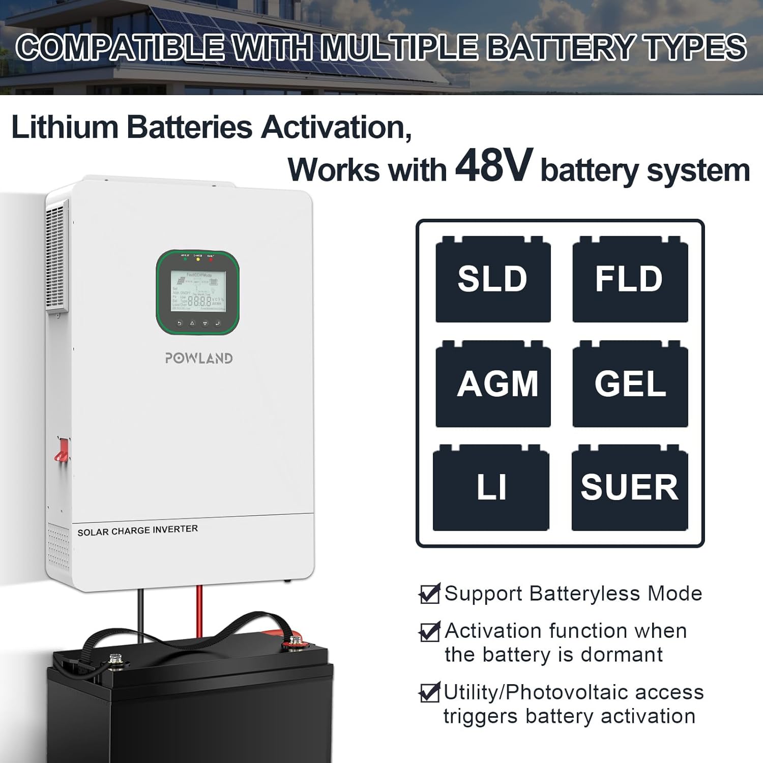 POWLAND 6500W Solar Hybrid Inverter Charger 48V DC to 120V AC Split Phase Power Inverter,Built in 120A MPPT Charge Controller,Work with 48V Lead Acid/LiFePO4,Support Parallel up to 6 inverters