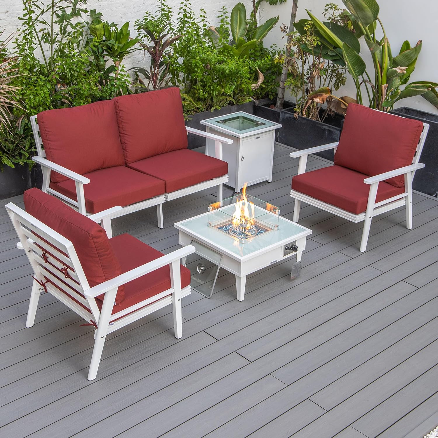 LeisureMod Walbrooke Modern Aluminum 5-Piece Patio Conversation Set with Outdoor Square Fire Pit Side Table Tank Holder, Red