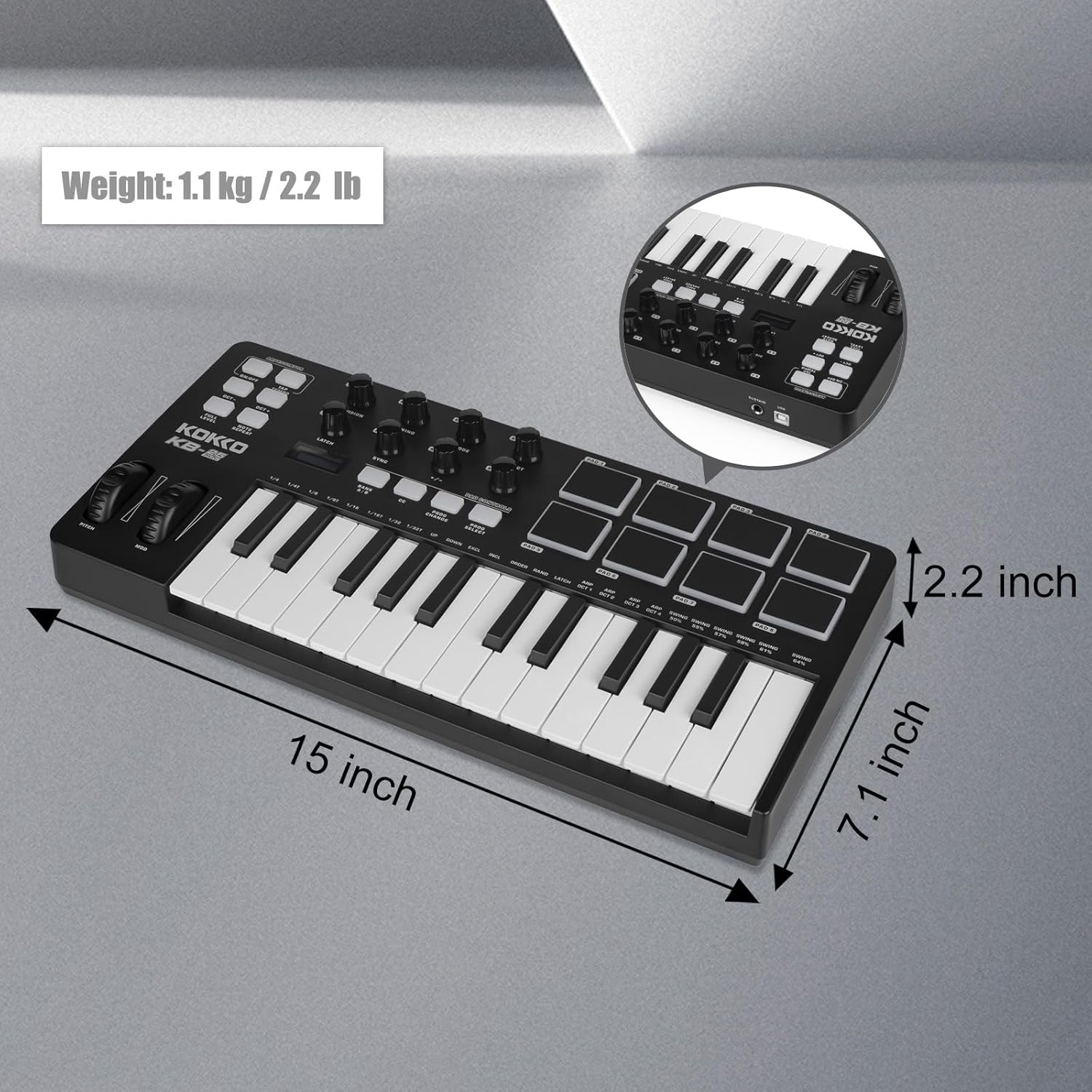 KOKKO MIDI Controller Keyboard, Mini 25 Key With 8 Backlit Drum Pads, 8 Knobs and Pitch Bend Wheel, Modulation Wheel for Music Production, Cubase LE Software Included