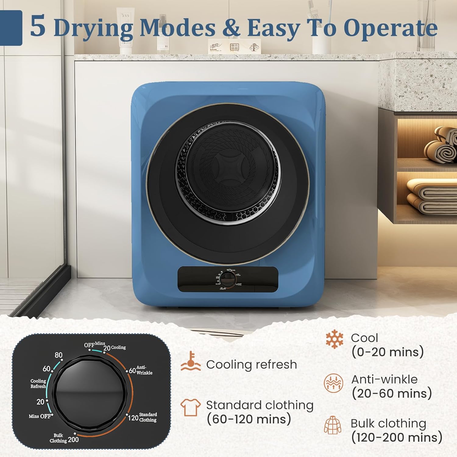 Auertech 1.5 Cu.Ft Portable Clothes Dryer, 850 W Front Load Electric Dryer Machine with Stainless Steel Drum, Simple Control Knob, Compact Tumble Dryer for Laundry Apartment, Dorm, RV, Blue