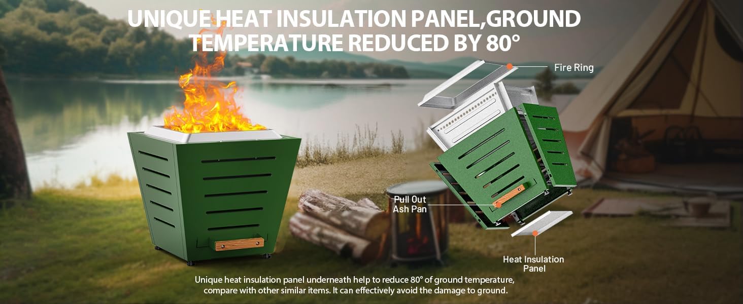 20 Inches Smokeless Fire Pit, Stainless Steel Wood Burning Fireplace for Outdoor Use, Portable Patio Firepit W/Pull-Out Ash Tray & Handles, Green (1 Door) (1 Doors)