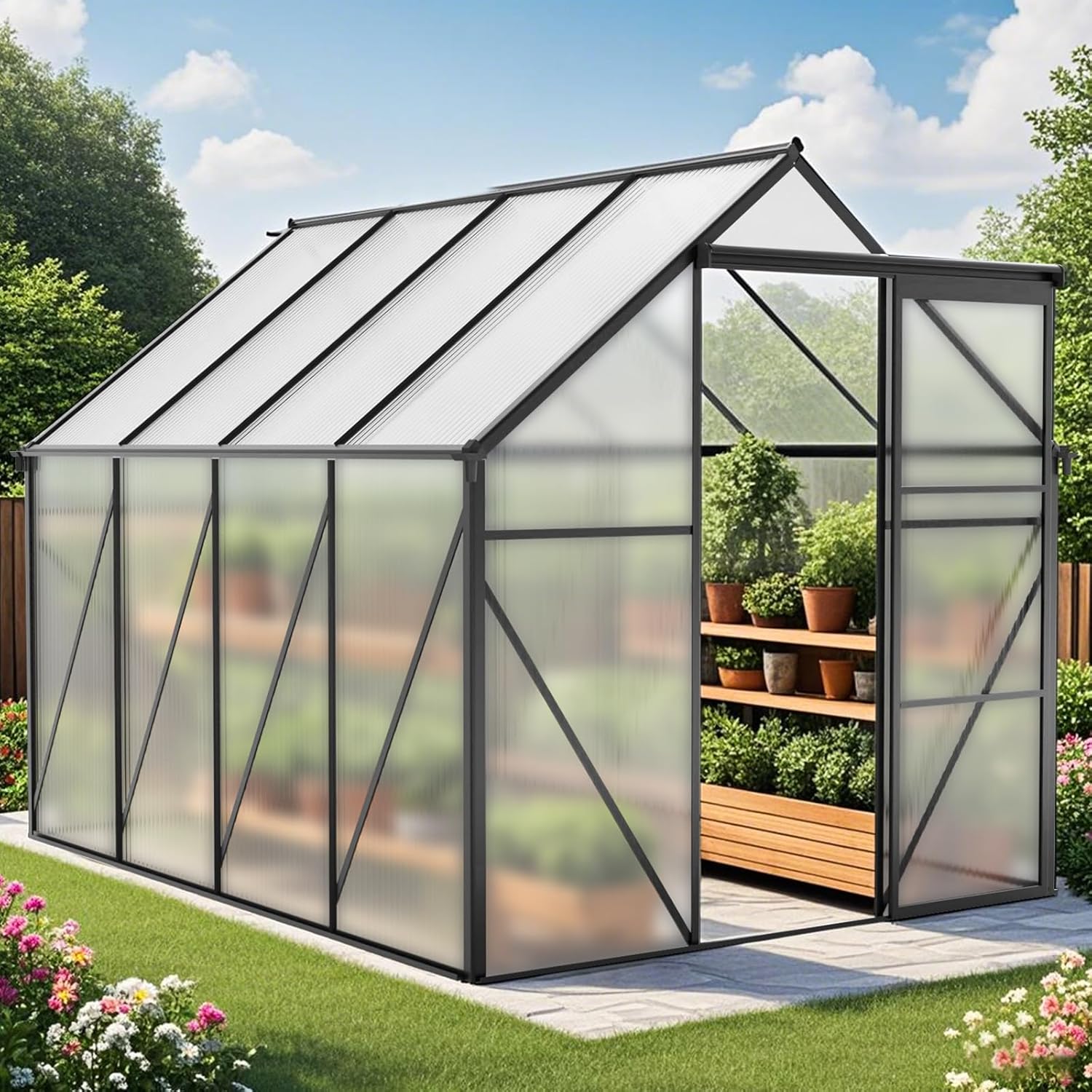 6*8 FT Greenhouse for Outdoors - Aluminum Polycarbonate Greenhouses with 2 Adjustable Roof Vents, Sliding Lockable Door, Walk-in Greenhouses for Sunroom Patio, Backyard, Garden, in All Season
