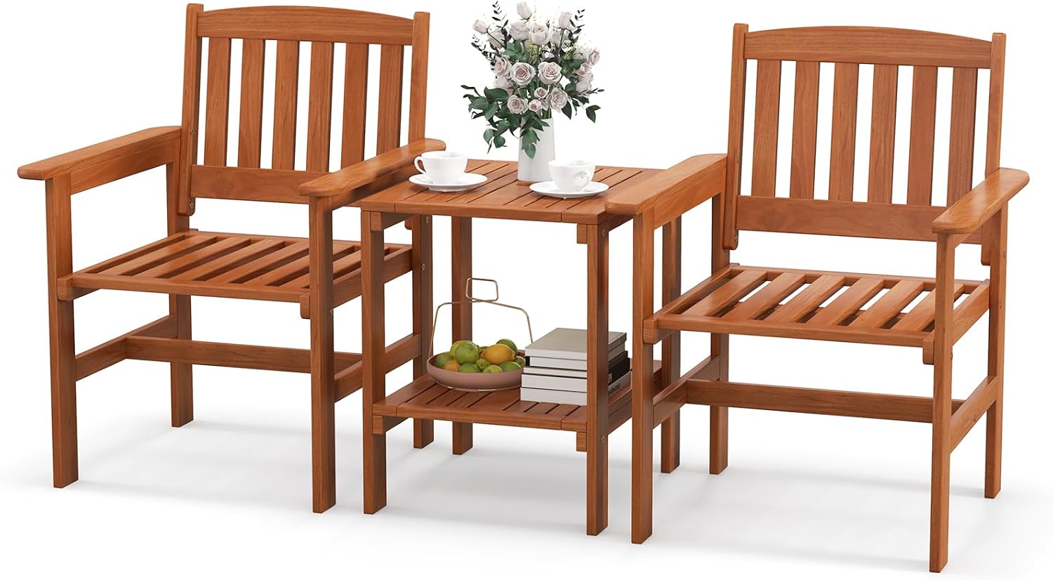 Tangkula 3 Piece Patio Conversation Set, Outdoor Wood Conversation Seat with Table and Umbrella Hole, Outdoor Furniture Set of 3 for Garden Poolside Backyard Balcony Porch