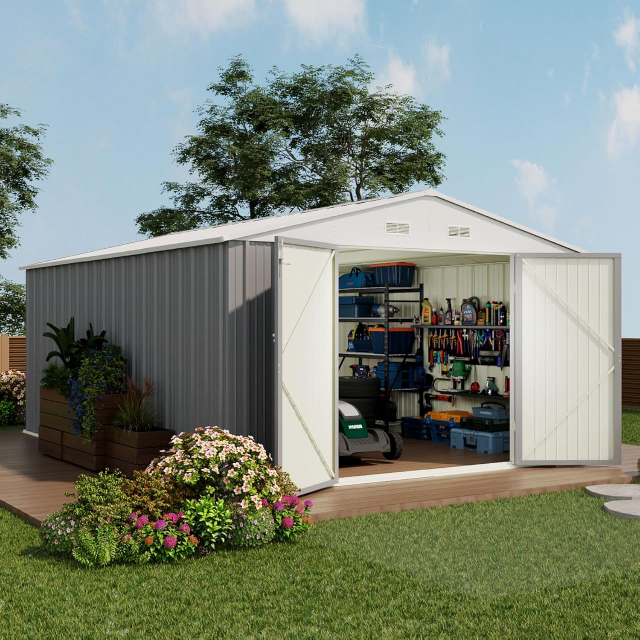 Devoko 10x14 FT Outdoor Storage Shed, Large Metal Storage Sheds with Lockable Door, Utility Garden Tool Shed with Sloping Roof, Outside Steel Storage Sheds for Patio Lawn Backyard, Gray